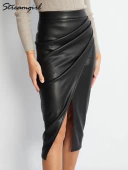 Women Midi Leather Skirt Sexy Split High Waist Zipper PU Front Slit Skirts Ladies Black Faux Leather Folded Skirt For Women