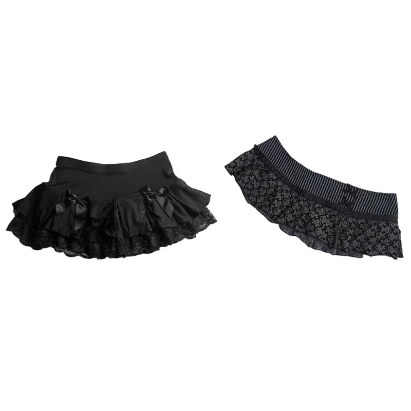 Black Skull Print Ruffle Mini Skirt Striped Waist Asymmetric Hem Gothic Punk Y2K Alternative Fashion Skirt for Women
