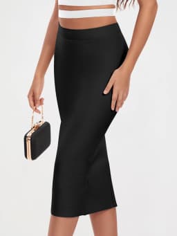 BEAUKEY Sexy Black Mid Calf Bandage Pencil Skirt Long Bodycon 2023 Women Stretch Nude Split Maxi Skirt Wholesale XL Party Skirts
