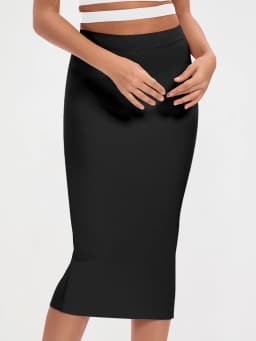 BEAUKEY Sexy Black Mid Calf Bandage Pencil Skirt Long Bodycon 2023 Women Stretch Nude Split Maxi Skirt Wholesale XL Party Skirts