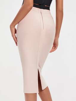 BEAUKEY Sexy Black Mid Calf Bandage Pencil Skirt Long Bodycon 2023 Women Stretch Nude Split Maxi Skirt Wholesale XL Party Skirts