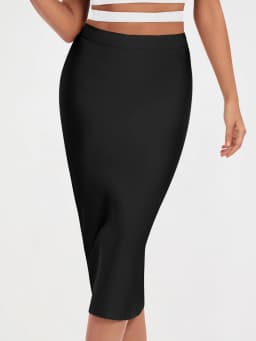BEAUKEY Sexy Black Mid Calf Bandage Pencil Skirt Long Bodycon 2023 Women Stretch Nude Split Maxi Skirt Wholesale XL Party Skirts