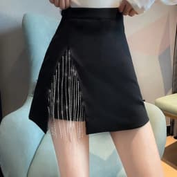 Women's Skirt Rhinestone Irregular Coquette Black Female Skirts with Slit V Clothing Trend 2025 Y2k Vintage Aesthetic Stylish