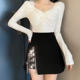 Women's Skirt Rhinestone Irregular Coquette Black Female Skirts with Slit V Clothing Trend 2025 Y2k Vintage Aesthetic Stylish
