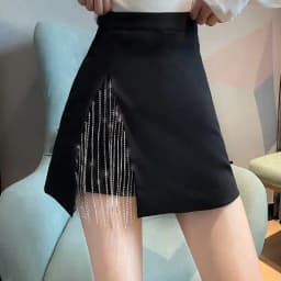 Women's Skirt Rhinestone Irregular Coquette Black Female Skirts with Slit V Clothing Trend 2025 Y2k Vintage Aesthetic Stylish
