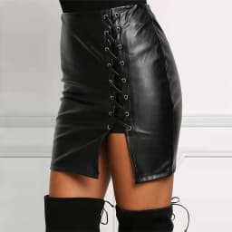 Sexy Girls Above Knee Black PU Leather Mini Skirts Spring Women High Waist Bodycon Front Split Elegant Short Skirt
