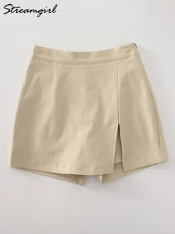 Summer Mini Divided Skirt For Women Elastic Skorts Black Office Lady Slit Skirts Short High Waist Women Mini Skirt Shorts Zipper