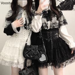 Japanese Sweet Lolita Style Mini Skirt Women Elegant Lace Bandage Party Cake Skirts Female Gothic Y2k Metal Buckle Short Skirt