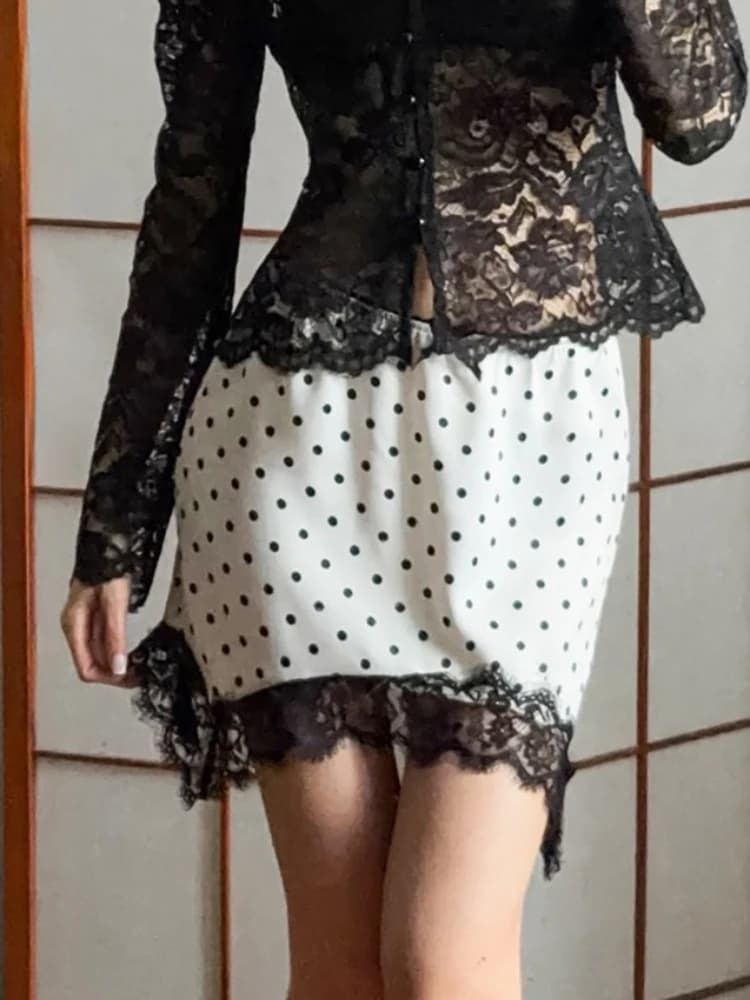 Tsiisd Fashion Lace Printing Dot Dot Mini Skirt Women Commute Slim Sexy Patchwork Contrast High Waist 2026 Y2k Skirt Mini Skirt