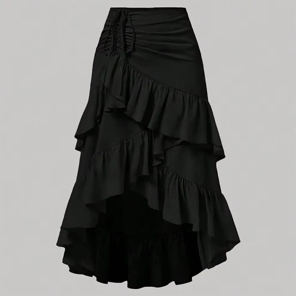 Summer Women A Line Midi Skirt Elegant Asymmetrical Flounce Design Casual Drawstring Waist Skirt for Vacation Daily Wear