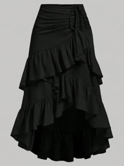 Summer Women A Line Midi Skirt Elegant Asymmetrical Flounce Design Casual Drawstring Waist Skirt for Vacation Daily Wear