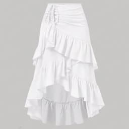 Summer Women A Line Midi Skirt Elegant Asymmetrical Flounce Design Casual Drawstring Waist Skirt for Vacation Daily Wear