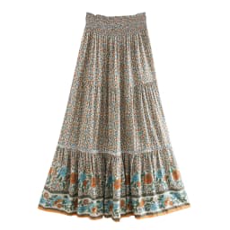 Boho Queens Women Beige Floral Print Beach Bohemian Skirt High Elastic Waist Rayon Cotton Pleated Gypsy Maxi Skirts Femme