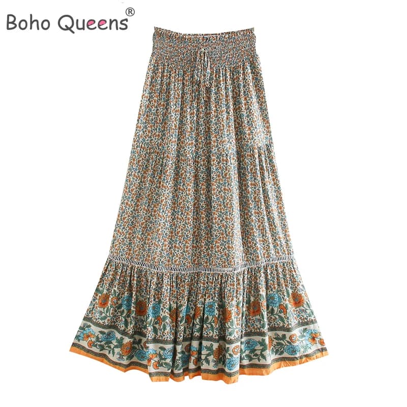 Boho Queens Women Beige Floral Print Beach Bohemian Skirt High Elastic Waist Rayon Cotton Pleated Gypsy Maxi Skirts Femme