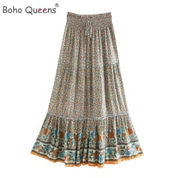 Boho Queens Women Beige Floral Print Beach Bohemian Skirt High Elastic Waist Rayon Cotton Pleated Gypsy Maxi Skirts Femme