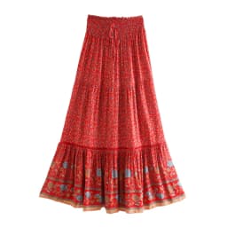 Boho Queens Women Beige Floral Print Beach Bohemian Skirt High Elastic Waist Rayon Cotton Pleated Gypsy Maxi Skirts Femme