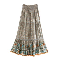 Boho Queens Women Beige Floral Print Beach Bohemian Skirt High Elastic Waist Rayon Cotton Pleated Gypsy Maxi Skirts Femme