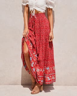 Boho Queens Women Beige Floral Print Beach Bohemian Skirt High Elastic Waist Rayon Cotton Pleated Gypsy Maxi Skirts Femme