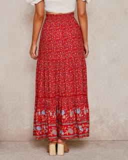 Boho Queens Women Beige Floral Print Beach Bohemian Skirt High Elastic Waist Rayon Cotton Pleated Gypsy Maxi Skirts Femme