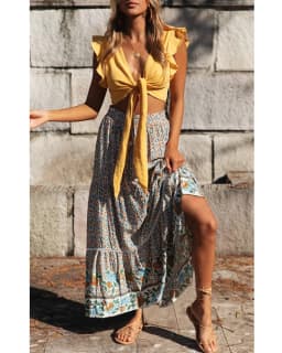 Boho Queens Women Beige Floral Print Beach Bohemian Skirt High Elastic Waist Rayon Cotton Pleated Gypsy Maxi Skirts Femme