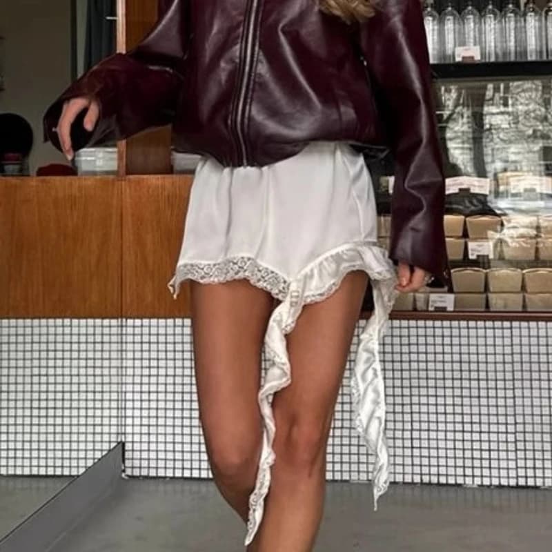 Summer Casual Solid Skirt Female 2025 Sexy Lace White Asymmetrical Midi Skirts Street Chic Satin High Waist Slim Skirt