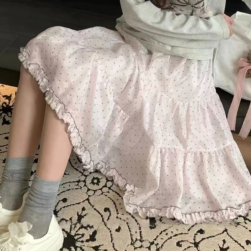Sweet Ruffle Pink Polka Dot Half Length Skirt for Women Summer New Cute High Waist Slim Skirts Harajuku Chic Puffed Skirt New