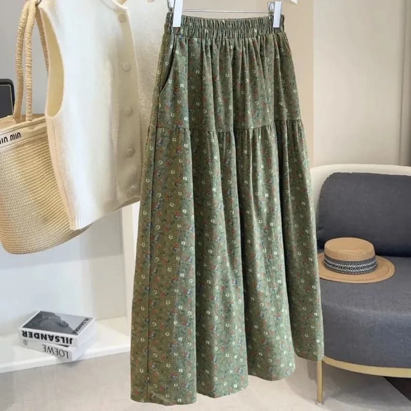 Trendy Floral A-LINE Skirt Women High Waist Summer Vintage Casual Midi Skirt