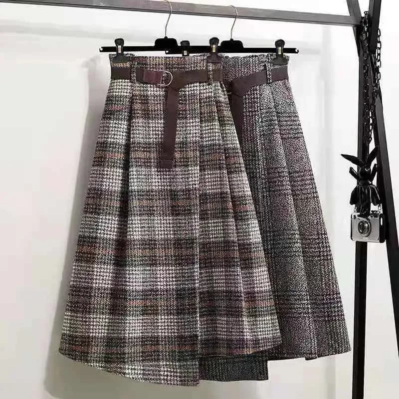 Korean Women Fashion Leisure Plaid Woolen Skirt Autumn Winter New High Waist Mid-Long Irregular Wool Skirts Femme Large Size 4XL