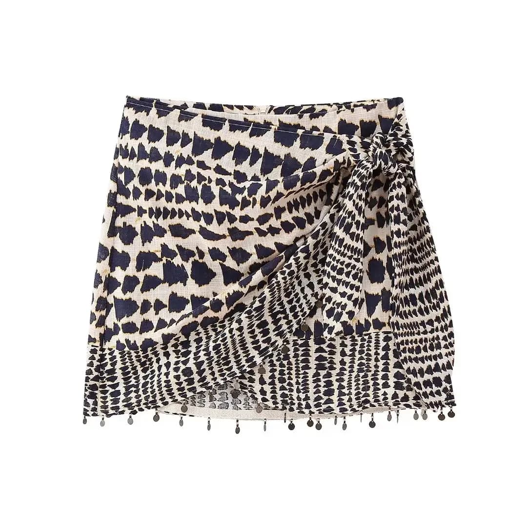 Geometric Print Wrap Skirt Women Vintage Knotted Sarong Mini Skirt with Beaded Tassel High Waist Boho Faldas Mujer