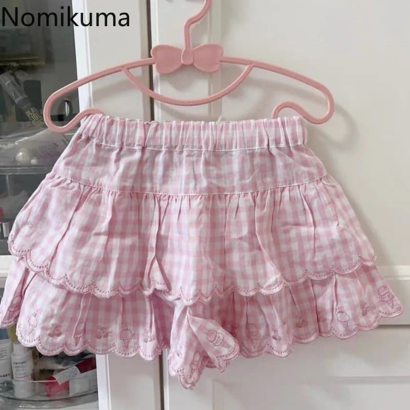 2025 Faldas Mujer De Moda Japanese Summer Skirt Women High Waist Jupe Kawaii Embroidery Fashion Plaid Mini Y2k Pink Cute Skirts