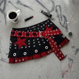 Women Punk Star Eyelet Skirt Black Red Belt Buckle Multiple Grommets Lace Up Detail Frayed Hem Distressed Mini Streetwear Sexy