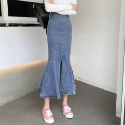 Women's A-Line Midi Skirt Spring Fashion New Design Fish Tail Denim Cotton High Waist Korean Style with Lace Hemline