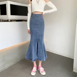 Women's A-Line Midi Skirt Spring Fashion New Design Fish Tail Denim Cotton High Waist Korean Style with Lace Hemline