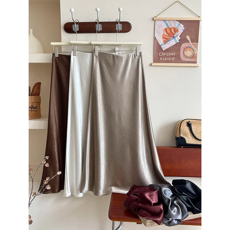 12 Colors New In 2026 Women Spring Autumn Elegant Fashion Satin Long Skirts Female Trendy Solid Color High Waist Faldas