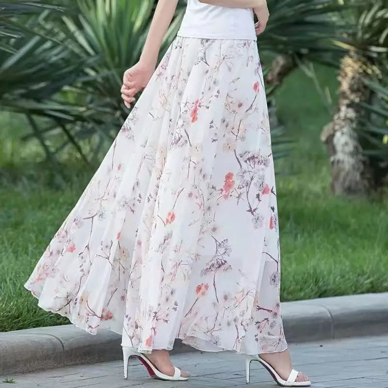 Womens Summer Skirts Hot Sales Korean Style Fashion Floral Print Chiffon High Waist Skirt Female Elegant A- line Boho Long Skirt