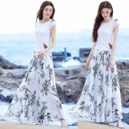 Womens Summer Skirts Hot Sales Korean Style Fashion Floral Print Chiffon High Waist Skirt Female Elegant A- line Boho Long Skirt