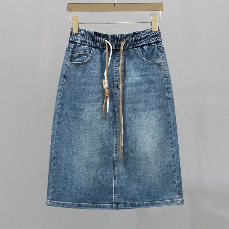 Korean Lady Large Size 5XL Denim Maxi Skirt Spring Summer Women Lace Up Jeans Long Skirts Femme In Half Body Cowboy A-line Skirt