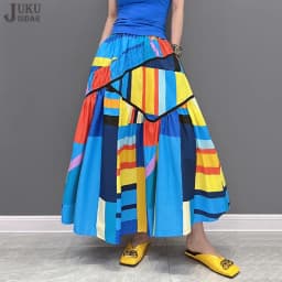 Elastic Waist A-Line New 2023 Summer Korean Style Woman Long Blue Printed Skirt Pockets Loose Fit Casual Holiday Skirt JJSK031