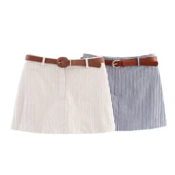 Women Casual Striped Skirts With Belted 2026 Summer Female High Waist A-Line Skirts Elegant Streetwear Lady Chic Shorts Skirts