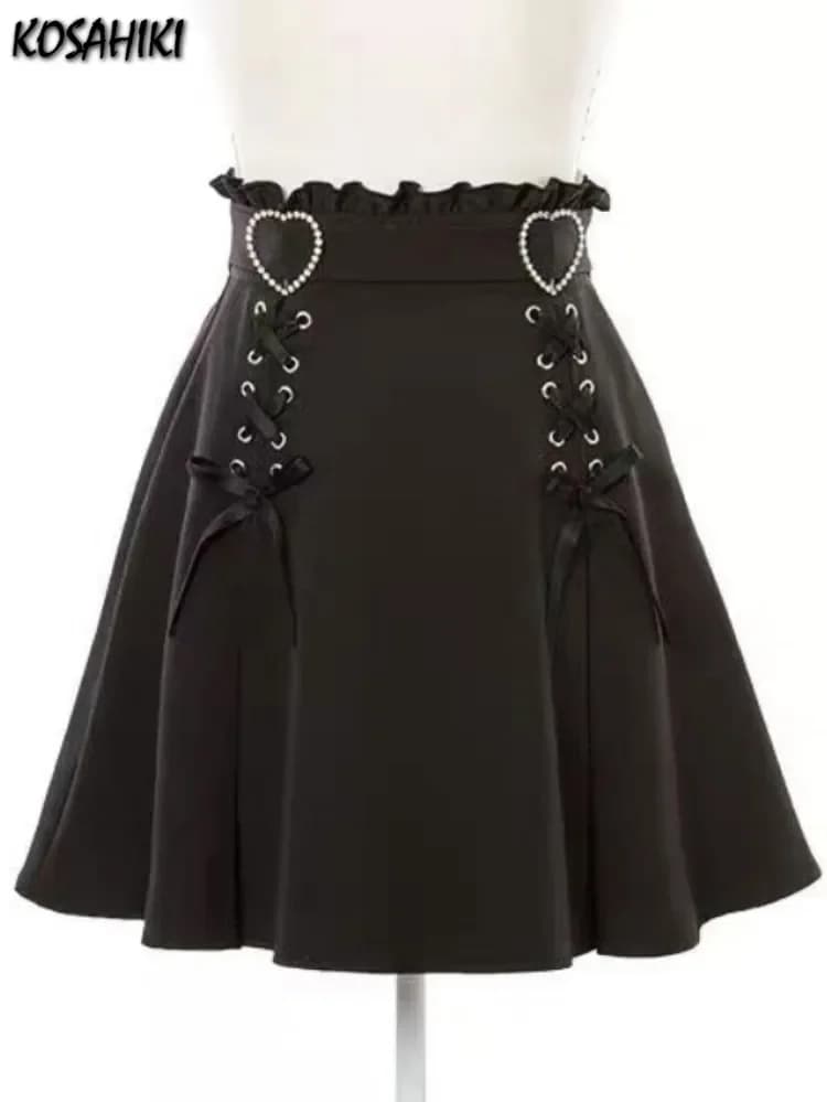 2026 Y2k Aesthetic Harajuku Style Skirt Sweet Girl High Waist Mini Bandage Lolita Skirts Womens Solid Streetwear Gothic Jk Saia
