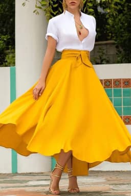 Fashion Women's Ladies Solid Color Bandage Pleated Cocktail Party High Waist  Summer A Line Skirts With Pocket