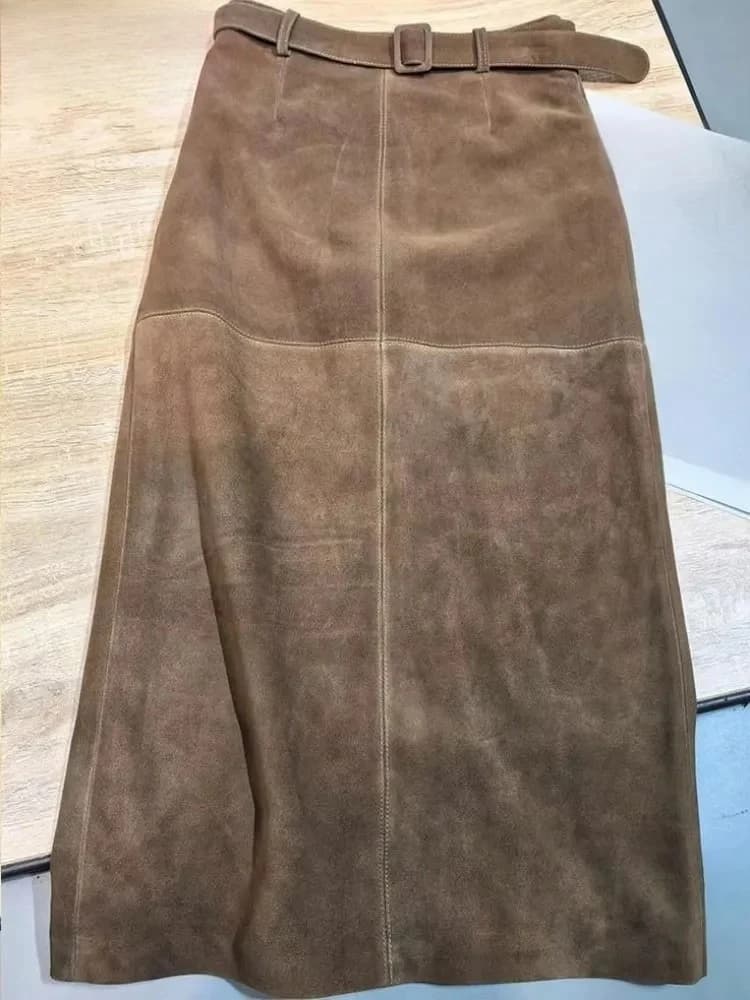 Retro Ladies Solid Color Genuine Leather Suede Long Skirts 88cm High Waist Belt Sheepskin Handmade Knee Length Skirt Vintage