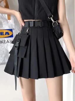 Zoki Harajuku Belt Pleated Cargo Skirt Women Fashion Gothic High Waist Pocket Mini Skirts Fashion Summer Lady A Line Black Skirt
