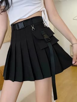 Zoki Harajuku Belt Pleated Cargo Skirt Women Fashion Gothic High Waist Pocket Mini Skirts Fashion Summer Lady A Line Black Skirt