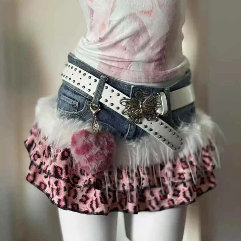 Y2K High Street Pink Panther Vintage Cowboy Splicing Short Skirts Fashion Leopard Pattern Millennium Abi Spicy Girl Half Skirts