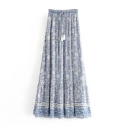 Vintage Boho Floral Print Tassel Maxi Skirt High Elastic A-Line Hippie Beach Summer Drawstring Waist Long Skirt