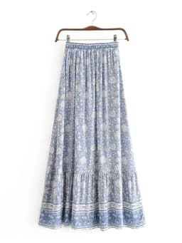 Vintage Boho Floral Print Tassel Maxi Skirt High Elastic A-Line Hippie Beach Summer Drawstring Waist Long Skirt