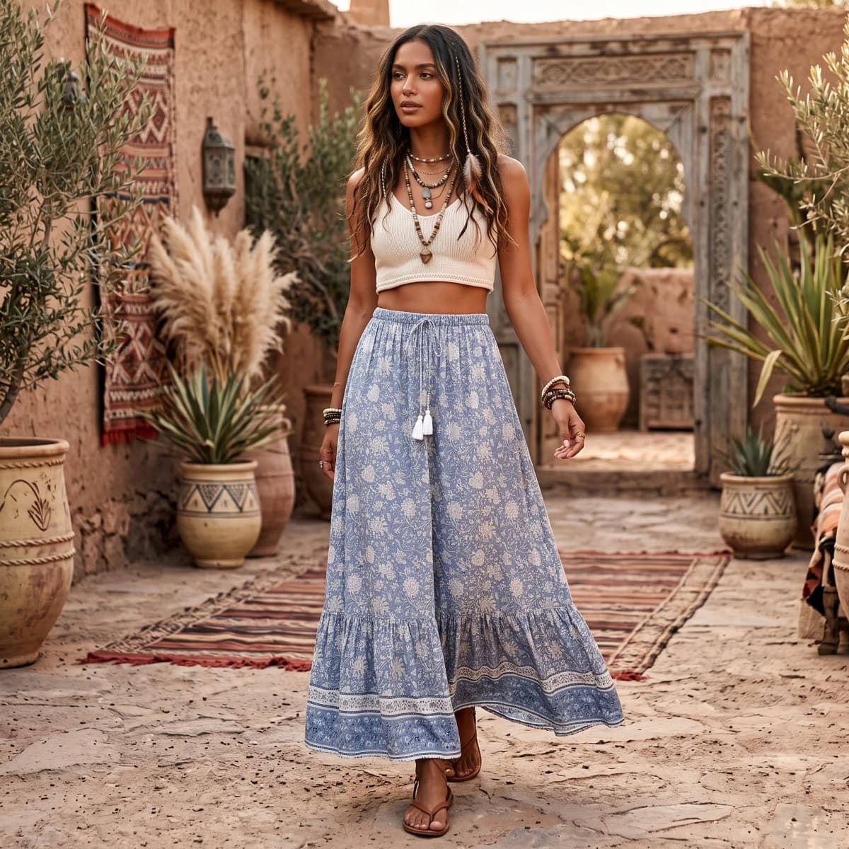 Vintage Boho Floral Print Tassel Maxi Skirt High Elastic A-Line Hippie Beach Summer Drawstring Waist Long Skirt