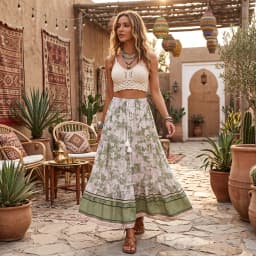 Vintage Boho Floral Print Tassel Maxi Skirt High Elastic A-Line Hippie Beach Summer Drawstring Waist Long Skirt