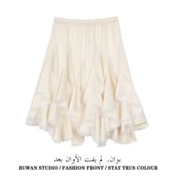 High Waist Asymmetrical Lace Trim Half Skirt for Women Spring Autumn Design Unique Splicing Slimming Versatile Skirt